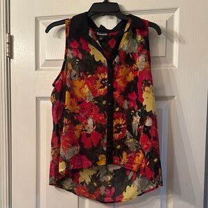 Floral Button-Up Sleeveless Blouse - Black, Red, and Yellow